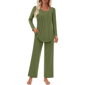 image:imageFindsweet Womens Pajama Set 2 Piece Lounge Outfits Soft Sleepwear Fall Long Sleeve Long Pant With Pockets Ladies Pjs S3XLOlive Green