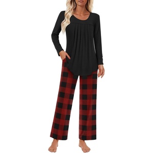 image:imageFindsweet Womens Pajama Set 2 Piece Lounge Outfits Soft Sleepwear Fall Long Sleeve Long Pant With Pockets Ladies Pjs S3XLRed Plaidblack