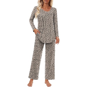 image:imageFindsweet Womens Pajama Set 2 Piece Lounge Outfits Soft Sleepwear Fall Long Sleeve Long Pant With Pockets Ladies Pjs S3XLSpeckled Brown