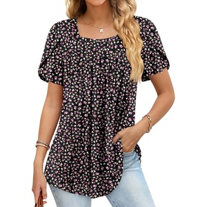 image:imageFindsweet Womens Plus Size Tops Summer Short Sleeve Tunics Casual Shirts Loose Fit M5XLPetal Sleevefloral Black