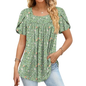 image:imageFindsweet Womens Plus Size Tops Summer Short Sleeve Tunics Casual Shirts Loose Fit M5XLPetal Sleevegreen Flowers