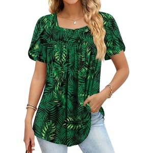 image:imageFindsweet Womens Plus Size Tops Summer Short Sleeve Tunics Casual Shirts Loose Fit M5XLPetal Sleeveleaf Green