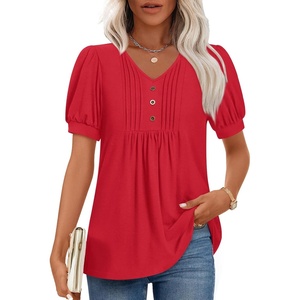 image:imageFindsweet Womens Summer Tunic Tops Casual Dressy Blouses Short Sleeve Shirts M4XLPuff Sleeve Bright Red