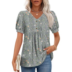 image:imageFindsweet Womens Summer Tunic Tops Casual Dressy Blouses Short Sleeve Shirts M4XLPuff Sleeve Gray Sparrow Flowers