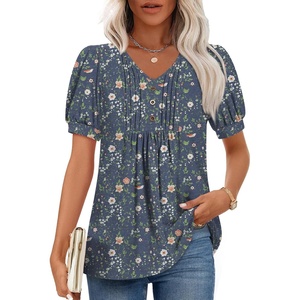 image:imageFindsweet Womens Summer Tunic Tops Casual Dressy Blouses Short Sleeve Shirts M4XLPuff Sleeve Navy Blue Sparrow