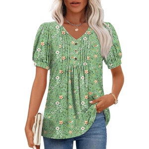 image:imageFindsweet Womens Summer Tunic Tops Casual Dressy Blouses Short Sleeve Shirts M4XLPuff Sleeve Onion Green Sparrow