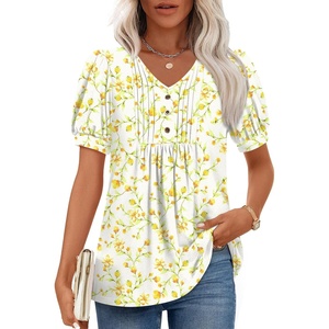 image:imageFindsweet Womens Summer Tunic Tops Casual Dressy Blouses Short Sleeve Shirts M4XLPuff SleeveApricot Floret