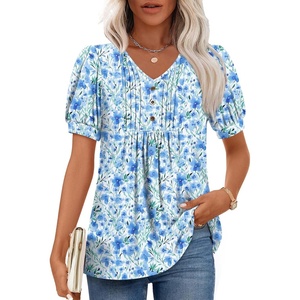 image:imageFindsweet Womens Summer Tunic Tops Casual Dressy Blouses Short Sleeve Shirts M4XLPuff SleeveBlue Emerald Sparrow