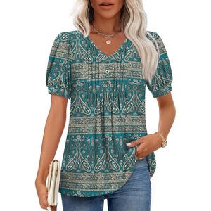 image:imageFindsweet Womens Summer Tunic Tops Casual Dressy Blouses Short Sleeve Shirts M4XLPuff SleeveBlue Khaki