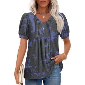 image:imageFindsweet Womens Summer Tunic Tops Casual Dressy Blouses Short Sleeve Shirts M4XLPuff SleeveBlue Print