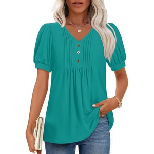 image:imageFindsweet Womens Summer Tunic Tops Casual Dressy Blouses Short Sleeve Shirts M4XLPuff SleeveBluegreen