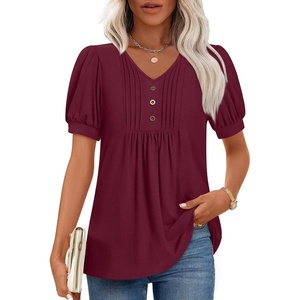 image:imageFindsweet Womens Summer Tunic Tops Casual Dressy Blouses Short Sleeve Shirts M4XLPuff SleeveBurgundy