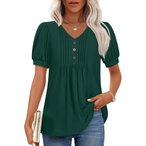image:imageFindsweet Womens Summer Tunic Tops Casual Dressy Blouses Short Sleeve Shirts M4XLPuff SleeveDark Green