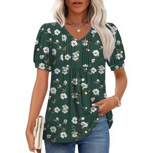 image:imageFindsweet Womens Summer Tunic Tops Casual Dressy Blouses Short Sleeve Shirts M4XLPuff SleeveDark Green With Begonias