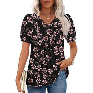 image:imageFindsweet Womens Summer Tunic Tops Casual Dressy Blouses Short Sleeve Shirts M4XLPuff SleeveFl Gypsophila Black