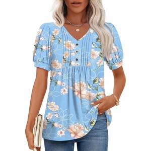 image:imageFindsweet Womens Summer Tunic Tops Casual Dressy Blouses Short Sleeve Shirts M4XLPuff SleeveFloral Blue