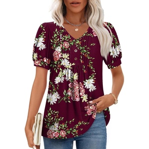 image:imageFindsweet Womens Summer Tunic Tops Casual Dressy Blouses Short Sleeve Shirts M4XLPuff SleeveFloral Wine