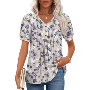 image:imageFindsweet Womens Summer Tunic Tops Casual Dressy Blouses Short Sleeve Shirts M4XLPuff SleeveGrey Background Purple Flower