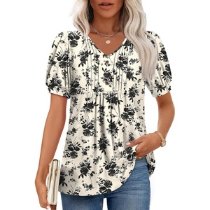 image:imageFindsweet Womens Summer Tunic Tops Casual Dressy Blouses Short Sleeve Shirts M4XLPuff SleeveInk Roses