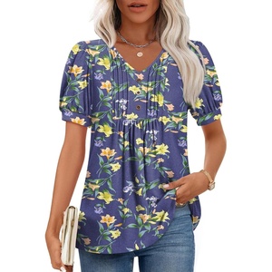 image:imageFindsweet Womens Summer Tunic Tops Casual Dressy Blouses Short Sleeve Shirts M4XLPuff SleeveLiliums Dark Blue