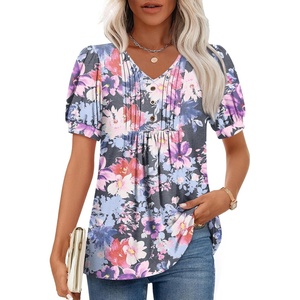 image:imageFindsweet Womens Summer Tunic Tops Casual Dressy Blouses Short Sleeve Shirts M4XLPuff SleeveMixed Flower