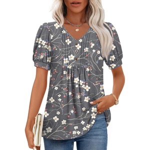 image:imageFindsweet Womens Summer Tunic Tops Casual Dressy Blouses Short Sleeve Shirts M4XLPuff SleeveMoonlight Plum Blossom