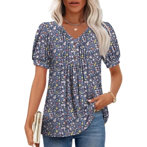 image:imageFindsweet Womens Summer Tunic Tops Casual Dressy Blouses Short Sleeve Shirts M4XLPuff SleeveMulticolored Flower