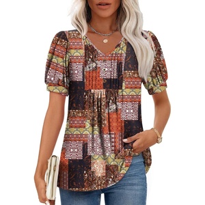 image:imageFindsweet Womens Summer Tunic Tops Casual Dressy Blouses Short Sleeve Shirts M4XLPuff SleeveMultiple Orange