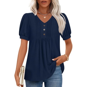 image:imageFindsweet Womens Summer Tunic Tops Casual Dressy Blouses Short Sleeve Shirts M4XLPuff SleeveNavy Blue