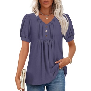 image:imageFindsweet Womens Summer Tunic Tops Casual Dressy Blouses Short Sleeve Shirts M4XLPuff SleevePurple Gray