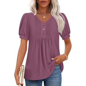 image:imageFindsweet Womens Summer Tunic Tops Casual Dressy Blouses Short Sleeve Shirts M4XLPuff SleevePurplish Red