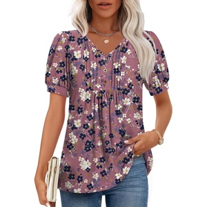 image:imageFindsweet Womens Summer Tunic Tops Casual Dressy Blouses Short Sleeve Shirts M4XLPuff SleeveRed Purple Flowers