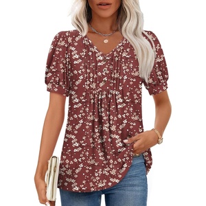 image:imageFindsweet Womens Summer Tunic Tops Casual Dressy Blouses Short Sleeve Shirts M4XLPuff SleeveRedwhite Fl
