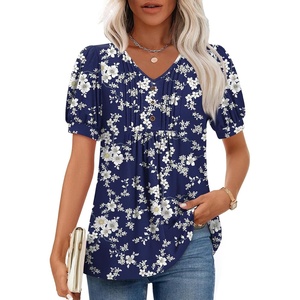 image:imageFindsweet Womens Summer Tunic Tops Casual Dressy Blouses Short Sleeve Shirts M4XLPuff SleeveWhite Small Flowers